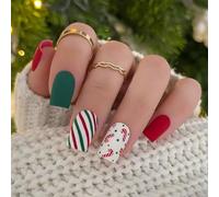 JUSTUSNX 24pcs rouge Noël faux ongles courts faux ongles père Noël, chapeau de Noël, presse sur les ongles pour les femmes et les filles (C)