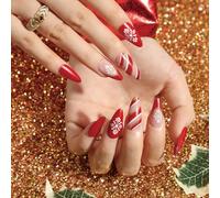 JUSTUSNX 24pcs rouge Noël faux ongles flocon de neige faux ongles femmes et filles ovales boutons pression (B)
