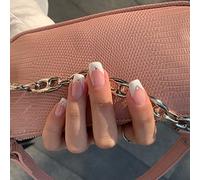JUSTUSNX 24pcs Square French Fake Nails Nude White Bevel False Nails Crystal Pearl Press on Nails for Women and Girls