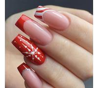 JUSTUSNX 24pcs Square Noël faux ongles rouge longs faux ongles flocon de neige presse sur les ongles pour les femmes et les filles (B)