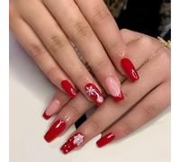 JUSTUSNX 24pcs Square Noël faux ongles rouge longs faux ongles flocon de neige presse sur les ongles pour les femmes et les filles (A)