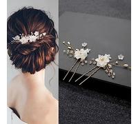 JUSTUSNX 2pcs or/argent mariée coiffure de mariage perle épilles de cheveux accessoires Bridal Crystal Flower pièces de cheveux pour femmes et filles (A)