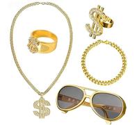 JUSTUSNX 5 pièces Hip Hop Costume, Dollar Sign Collier, Rappeur Costume, Faux Gold Chain, Dollar Collier, Livre Sign Lunettes, Dollar Lunettes, Fancy Dress pour Rappeur Femmes Hommes Fournitures