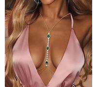 Justusnx chaîne de soutien - gorge en cristal vert mode chaîne de corps simple strass sexy bikini nightclub chaîne de corps femmes et filles accessoires (B)