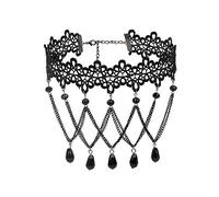 JUSTUSNX Collier ras du cou en dentelle noire avec pendentif en cristal - Style gothique creux - Accessoires d'Halloween pour femmes et filles (A)
