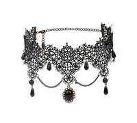 JUSTUSNX Collier ras du cou en dentelle noire avec pendentif en cristal - Style gothique creux - Bijoux d'Halloween pour femmes et filles (E)