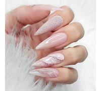 JUSTUSNX Lot de 24 faux ongles longs Stiletto français dégradés rose avec lignes ondulées à presser pour femmes et filles