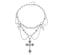 JUSTUSNX Punk Crystal Croix Collier de perles Argent gothique Strass Choker Crucifié Collier Pendentif pour les femmes et les filles, Taglia unica, Alliage