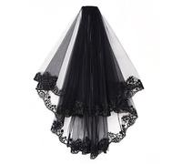 JUSTUSNX Voile de mariage en dentelle noire, à 2 niveaux, voile de mariée gothique à fleurs avec peigne, accessoires de voile de costumade pour femmes et filles (A)