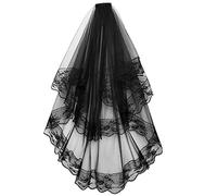JUSTUSNX Voile de mariage en dentelle noire, à 2 niveaux, voile de mariée gothique à fleurs avec peigne, accessoires de voile de cosplay pour femmes et filles (B)