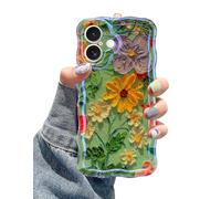 Jusy Coque pour iPhone 17, peinture à l'huile rétro colorée imprimée fleur laser bleu brillant motif mignon bouclé vague coque de téléphone en TPU souple pour femmes filles - vert jaune