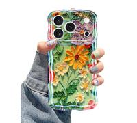 Jusy Coque pour iPhone 17 Pro Max, peinture à l'huile rétro colorée imprimée fleur laser bleu brillant motif mignon bouclé vague coque de téléphone en TPU souple pour femmes filles - vert jaune