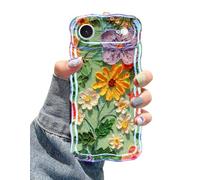 Jusy Coque pour iPhone Air, peinture à l'huile rétro colorée imprimée fleur laser bleu brillant motif mignon bouclé vague coque de téléphone en TPU souple pour femmes filles - vert jaune