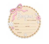 Jutojuvuw Plaque de Naissance Bébé Ronde, Bois Rose et Blanc | Plaque française « Bonjour » de 15 cm avec nœud et cinq champs pour dates de naissance