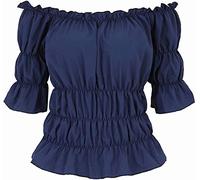Jutrisujo Chemise Costume Medieval Femme Renaissance Rétro Victorien Épaule Dénudée Élégante Sexy Top Vampire Pirate Bleu XS