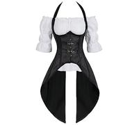 Jutrisujo Corset Bustiers Femme Long Top Chemisier 2 Set Steampunk Rave Fête Pirate Costume Burlesque Sexy Halloween Medieval Noir L