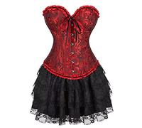 Jutrisujo Corset Jupe Bustier Overbust Robe Set Femmes Sexy Dentelle Guêpière Lingerie Grande Taille Medieval Noir Rouge 5XL