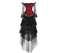 Jutrisujo Corset Top Jupe courte Set Robes Bustier Lace Long Sleeves Floral Plus Size Costume Halloween Fairy Femme Rouge L