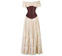 Jutrisujo Médiévale Renaissance Robes Corset Set Maxi Parti Costume Vintage Déguisements Halloween Gothique Femmes Cosplay Déguisement Carnaval Victorien Kaki Brun M