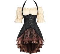 Jutrisujo Pirates Costume Underbust Corset Robes Jupe courte 3 Set Femme Tailcoat Outfits Gothique Halloween Renaissance Noir XL