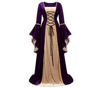 Jutrisujo Renaissance Femmes Robes Médiévale Velours Manches Longues Parti Costume Déguisements Halloween De Mariée Gothique Pourpre XL