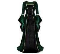 Jutrisujo Renaissance Femmes Robes Médiévale Velours Manches Longues Parti Costume Déguisements Halloween De Mariée Gothique Vert Noir 2XL