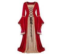 Jutrisujo Renaissance Femmes Robes Médiévale Velours Manches Longues Parti Costume Déguisements Halloween De Mariée Gothique Rouge 2XL