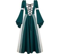 Jutrisujo Robe Medievale Femme Renaissance Elfe Princesse Maxi Parti Costume Vintage Déguisements Halloween Gothique Cosplay Carnaval Victorienne Vert Foncé XL