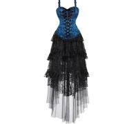 Jutrisujo Steampunk Corset Robes Pirates Top Jupe courte with Tutu Set Plus Size Vintage Lace up Gothique Costume Halloween Bleu XS