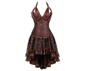 Jutrisujo Steampunk Corset sexy robe jupe tutu Overbust Guêpière Bustiersûretro Dentelle burlesque pirate femme marron s