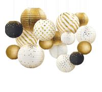 JUTSTJUKO Lot de 16 lanternes en papier à suspendre à rayures et dorées pour fête de mariage, anniversaire, fête prénatale, fête prénuptiale, décoration de fête (doré)