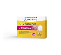 Juvamine - 12 Vitamines & 9 Minéraux Effervescents - Fatigue, Stress, Métabolisme Énergétique, Immunité - 30 Comprimés Arôme Tropical - Fabriqué en France