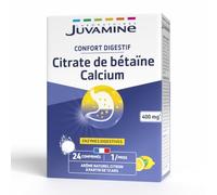 JUVAMINE Citrate Bétaïne 800mg - Ballonement, Confort Digestif- 24 Cpr Eff | Calcium, Aide la Digestion, Enzymes Digestives, Sensation de Légereté après Repas, Goût Citron, Fabriqué en France