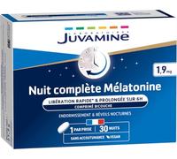 JUVAMINE - Nuit Complète Mélatonine - 1,9 mg de Mélatonine - Endormissement - Réveils Nocturnes - Programme 1 mois - 30 comprimés bicouche - Fabriqué en France