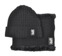 Juventus Ensemble d'hiver, chapeau et cache-cou en tricot jacquard noir avec logo, accessoires de football officiels