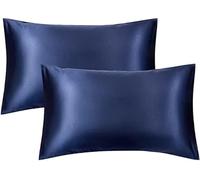 Juwenin Home Lot de 2 taies d'oreiller en Satin Soyeux avec Fermeture enveloppante pour Cheveux - Cool et Facile à Laver - Seulement Housse de Coussin sans Insert (Bleu Marine, Standard )