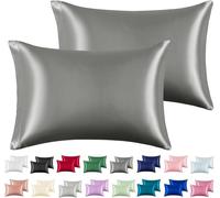 JUWENIN Lot de 2 taies d'oreiller en satin de soie pour grand lit/standard, plusieurs couleurs (gris foncé, standard)