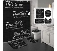 juwute Lot de 4 Rideaux de Douche familiaux avec Tapis antidérapants, Housse d'abattant de Toilette et Tapis de Bain, Ensemble d'accessoires de décoration de Salle de Bain Noir, Rideaux de Douche