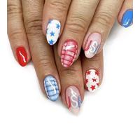 JUYAXIN Faux ongles patriotiques à presser en acrylique pour le 4 juillet avec pointes françaises uniques pour manucure pour femmes