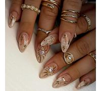 JUYAXIN Lot de 24 faux ongles à presser en forme d'amande - Style français - Avec motifs brillants étoiles, lunes, soleil - Pour femmes et filles
