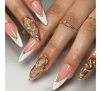JUYAXIN Lot de 24 faux ongles en acrylique à presser en forme d'amande - Rose 3D - Décoration pour fêtes, mariages et tous les jours