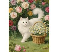JUYIYUANFUZH Broderie Point De Croix Kit Complet Point De Croix Imprimé Diy 11CT Chat Blanc Dans La Roseraie 7 Canevas Kit Complet Adulte DebutantLoisirs CréAtifs Adultes 40×50Cm