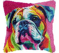 JUYIYUANFUZH Latch Hook Canevas Coussin Point De Croix Ensemble D'Oreillers à Crochets Bouledogue Anglais DIY Ensemble De Broderie De Fil Au Crochet Taie D'Oreiller 43 X 43 Cm