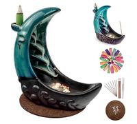 JUYUANDE Backflow Incense Burner, Encensoir à Reflux Céramique, avec 100 cônes d'encens à Reflux+ 30 bâtons d'encens+1 Pince à épiler et 1 Mat, Convient à la décoration intérieure (Bleu)