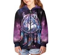 JUZGTSIT Sweat à capuche à fermeture éclair pour enfants garçons et filles, manteau à capuche à manches longues avec poche Fire Soccer Adolescent Zipper Hoodies, Loup violet, M