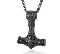 JUZICHEN Collier Marteau De Thor, Collier Homme Argent/Or/Noir, colliers Viking Pendentif Hommes, colliers Hommes Acier Inoxydable, chaînes 60cm, Avec Boîte Cadeau (Noir)