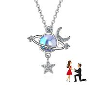 JUZICHEN Collier Pierre de Lune Argent 925, Collier Lune Étoile Planete, Collier Planete, Avec Boîte Cadeau, Hypoallergénique Pendentif Femme Pierre de Lune, Chaîne Astéroïde, Pour Femme et Fille (C)