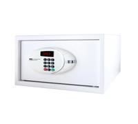 JVD Coffre-fort Trustee Compact blanc pour hôtel - Antieffraction - Eclairage LED - Verrouillage par code - Blocage automatique en cas d'infraction - Compact & élégant
