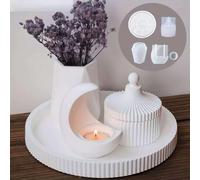 JVHLOV Lot de 4 Moules en Silicone - Boîte Rayée Ronde, Moule Porte-Bougie Lune, Plateau Rond Strié et Moule Vase Facetté pour Résine, Béton, Cire et Créations DIY