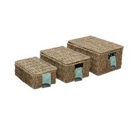 JVL Lot de 3 paniers de rangement rectangulaires en jonc de mer avec couvercles - Organisateurs de rangement tissés naturels pour la maison, marron